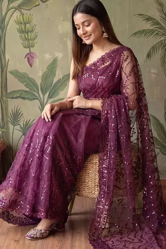 Purple floral sequinned net designer saree