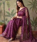 Purple floral sequinned net designer saree
