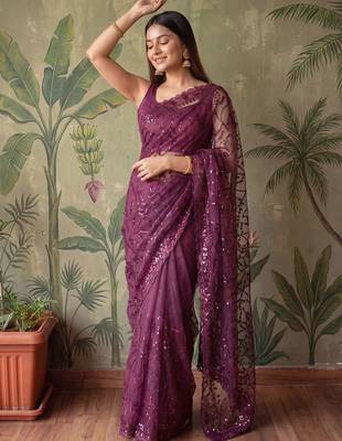 Purple floral sequinned net designer saree 2
