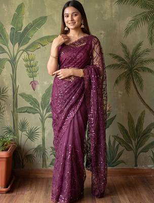 Purple floral sequinned net designer saree 3
