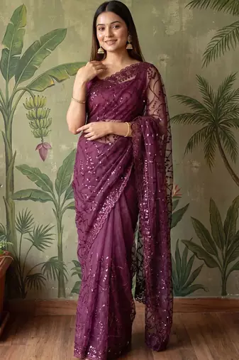 Purple floral sequinned net designer saree