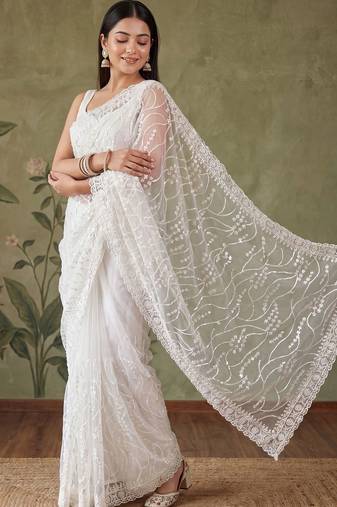 Off white floral sequinned net designer saree