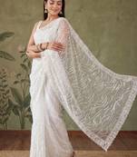 Off white floral sequinned net designer saree