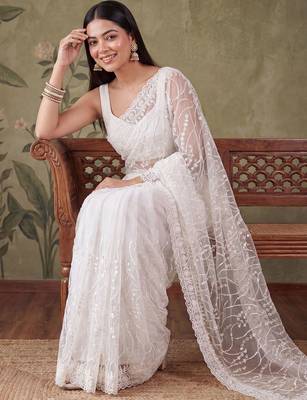 Off white floral sequinned net designer saree 2