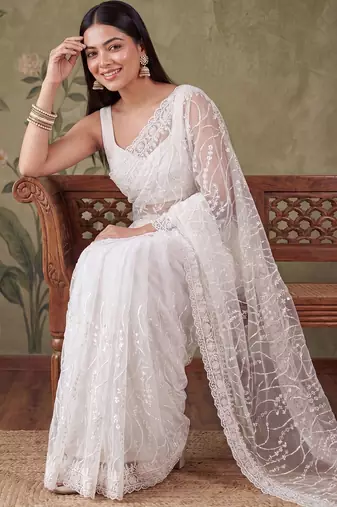 Off white floral sequinned net designer saree