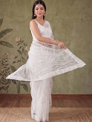 Off white floral sequinned net designer saree 3