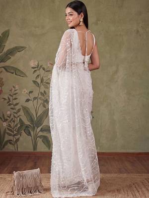 Off white floral sequinned net designer saree 4