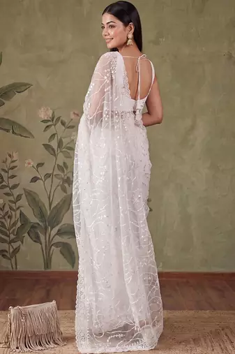 Off white floral sequinned net designer saree