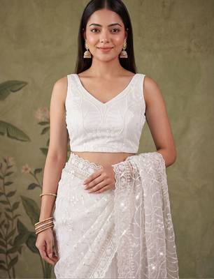 Off white floral sequinned net designer saree 5