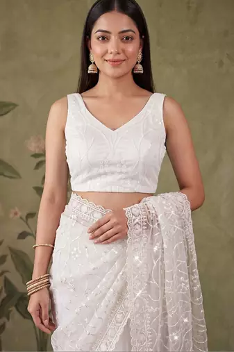 Off white floral sequinned net designer saree