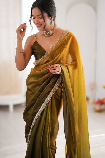 Olive sequinned tissue designer saree