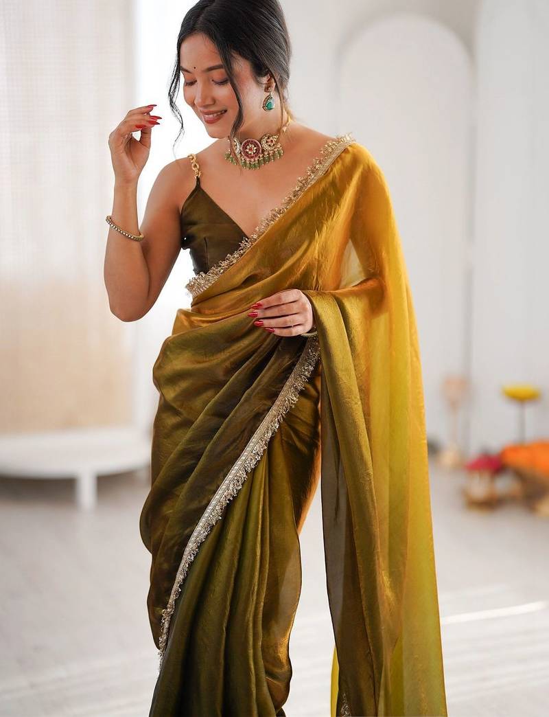 Olive sequinned tissue designer saree