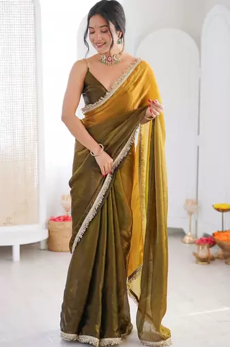 Olive sequinned tissue designer saree