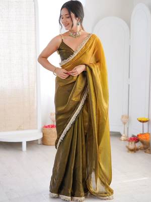 Olive sequinned tissue designer saree 3