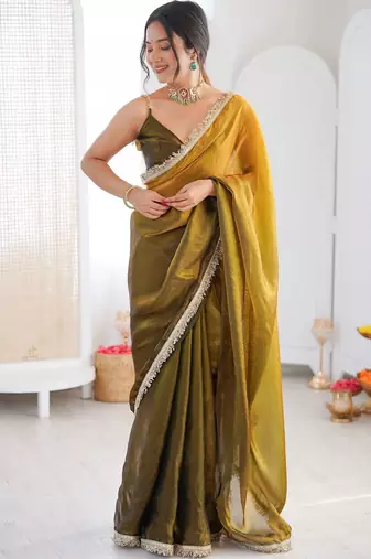 Olive sequinned tissue designer saree