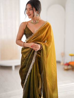 Olive sequinned tissue designer saree 4