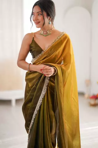 Olive sequinned tissue designer saree