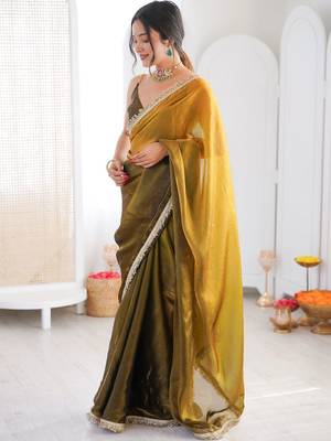 Olive sequinned tissue designer saree 5