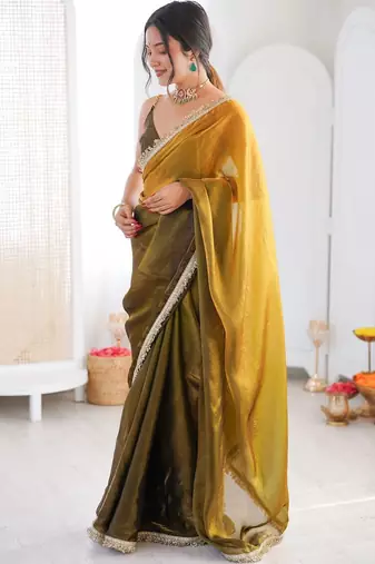 Olive sequinned tissue designer saree