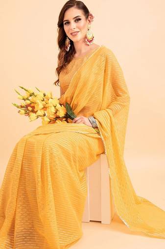 Yellow yellow poly chiffon embellished zari striped saree
