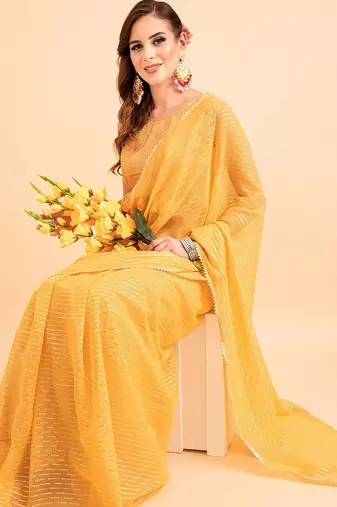 Yellow yellow poly chiffon embellished zari striped saree