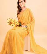 Yellow yellow poly chiffon embellished zari striped saree