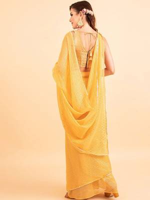 Yellow yellow poly chiffon embellished zari striped saree 2