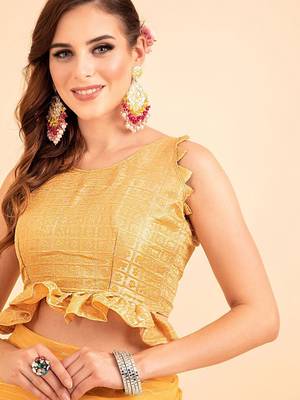 Yellow yellow poly chiffon embellished zari striped saree 5