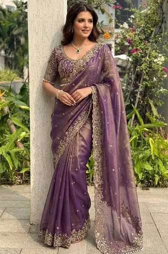 Purple embellished embroidered sequinned sarees with unstitched blouse piece