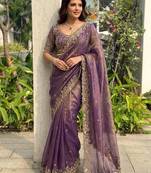 Purple embellished embroidered sequinned sarees with unstitched blouse piece