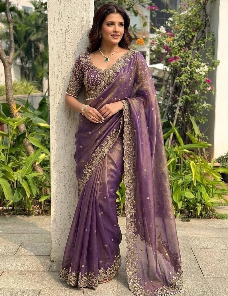 Purple embellished embroidered sequinned sarees with unstitched blouse piece