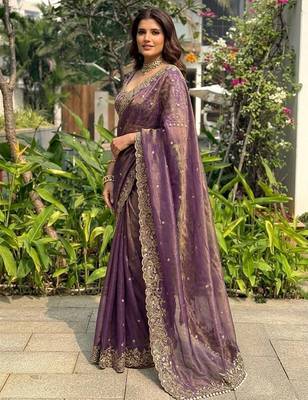 Purple embellished embroidered sequinned sarees with unstitched blouse piece 2