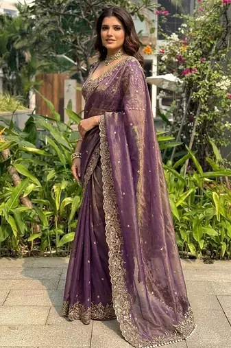 Purple embellished embroidered sequinned sarees with unstitched blouse piece