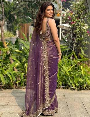 Purple embellished embroidered sequinned sarees with unstitched blouse piece 3