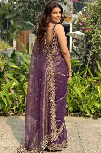 Purple embellished embroidered sequinned sarees with unstitched blouse piece