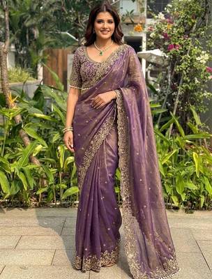 Purple embellished embroidered sequinned sarees with unstitched blouse piece 4