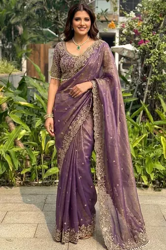 Purple embellished embroidered sequinned sarees with unstitched blouse piece