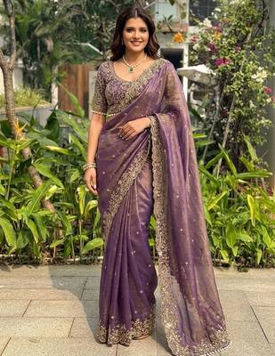 Purple embellished embroidered sequinned sarees with unstitched blouse piece 5