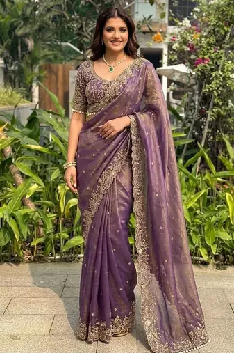 Purple embellished embroidered sequinned sarees with unstitched blouse piece