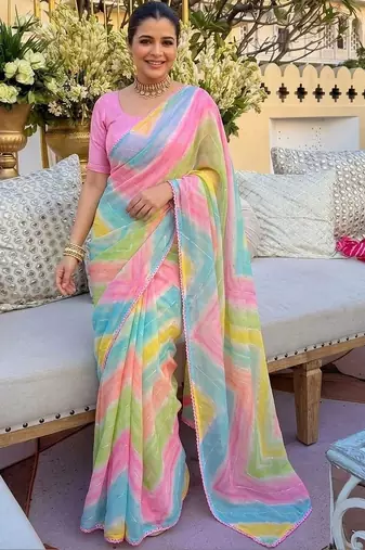 Pink ethnic motifs gotta patti  georgette fusion leheriya saree