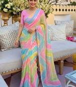 Pink ethnic motifs gotta patti  georgette fusion leheriya saree