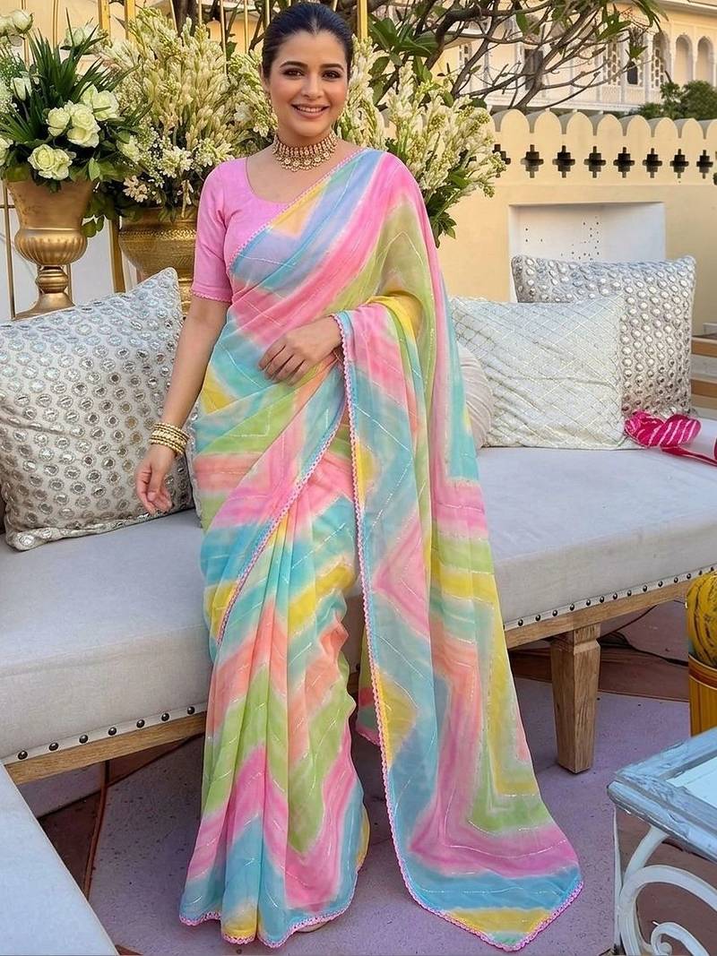 Pink ethnic motifs gotta patti  georgette fusion leheriya saree