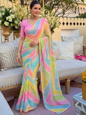 Pink ethnic motifs gotta patti  georgette fusion leheriya saree 3
