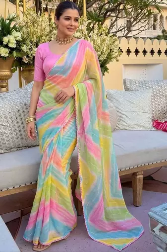 Pink ethnic motifs gotta patti  georgette fusion leheriya saree