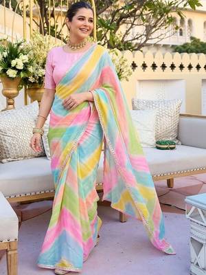 Pink ethnic motifs gotta patti  georgette fusion leheriya saree 4