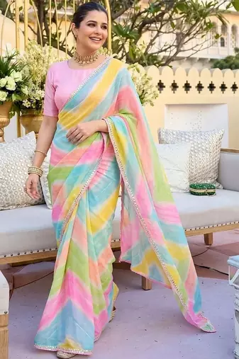 Pink ethnic motifs gotta patti  georgette fusion leheriya saree