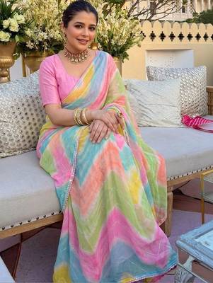 Pink ethnic motifs gotta patti  georgette fusion leheriya saree 5