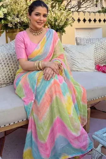 Pink ethnic motifs gotta patti  georgette fusion leheriya saree