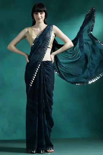 Navy blue embellished saree with blouse piece