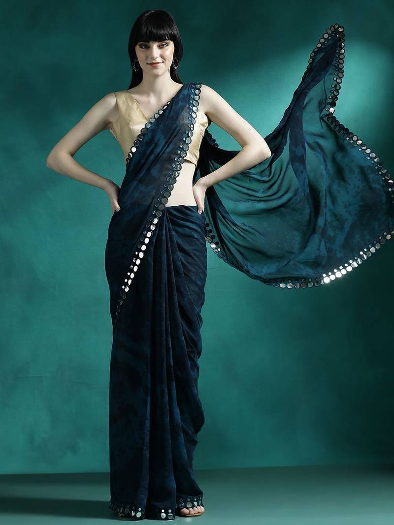 Navy blue embellished saree with blouse piece